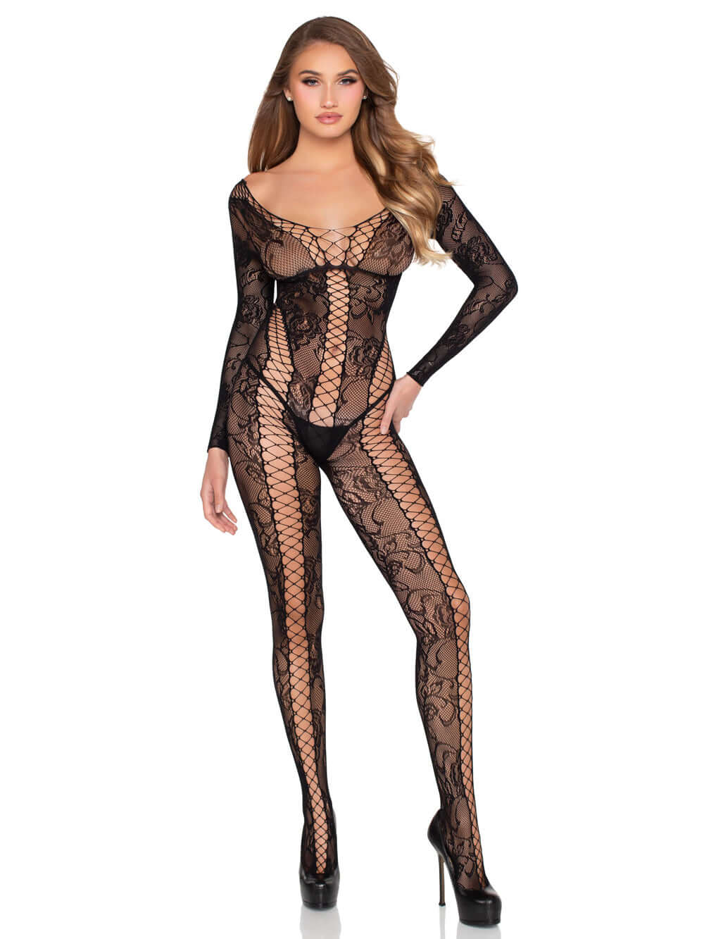 Net and Lace Crotchless Lingerie Jumpsuit - Os - Black-0
