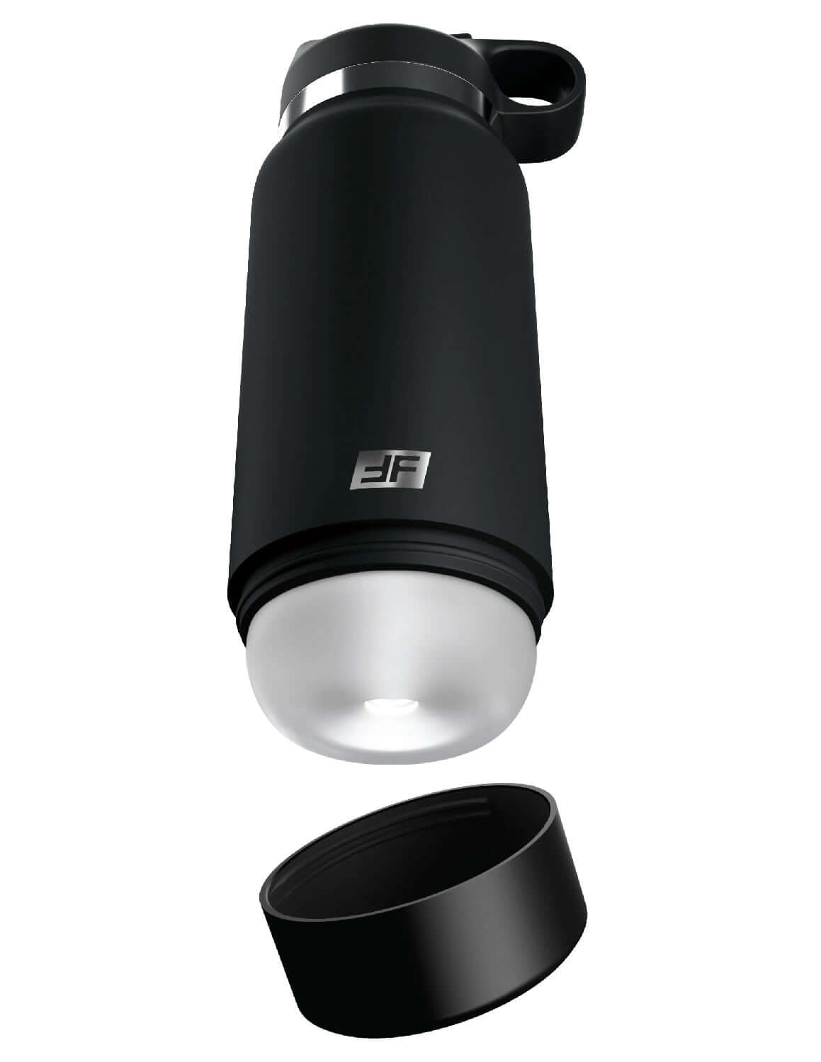 Fap Flask Thrill Seeker black water bottle stroker with frosted cap and lid detached.