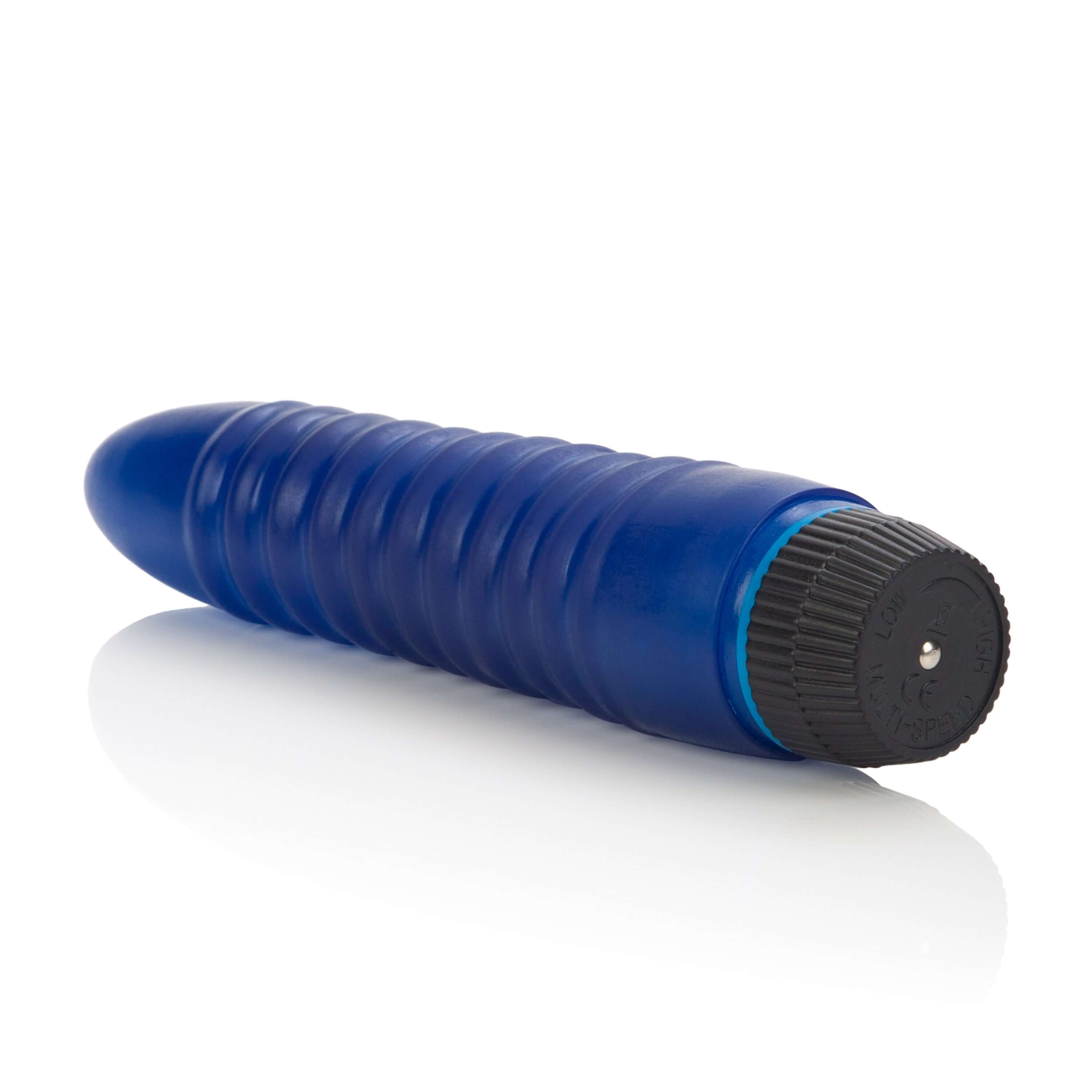 Future Flex Turbo Dyne Jelly Vibrator in blue, featuring a soft, flexible design for powerful stimulation.