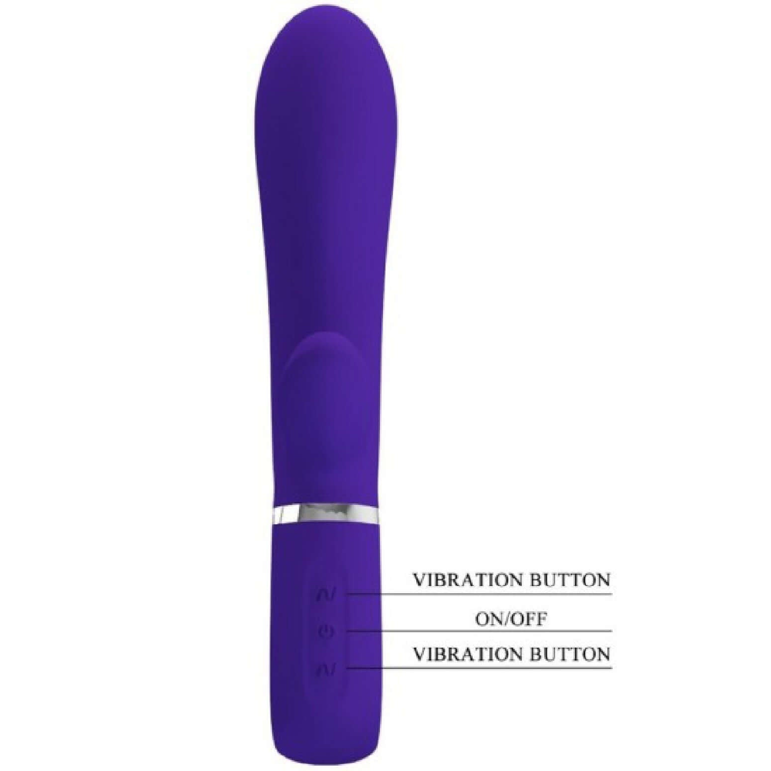 Purple Thomas Super Soft Silicone Rabbit Vibrator with labeled vibration and on/off buttons