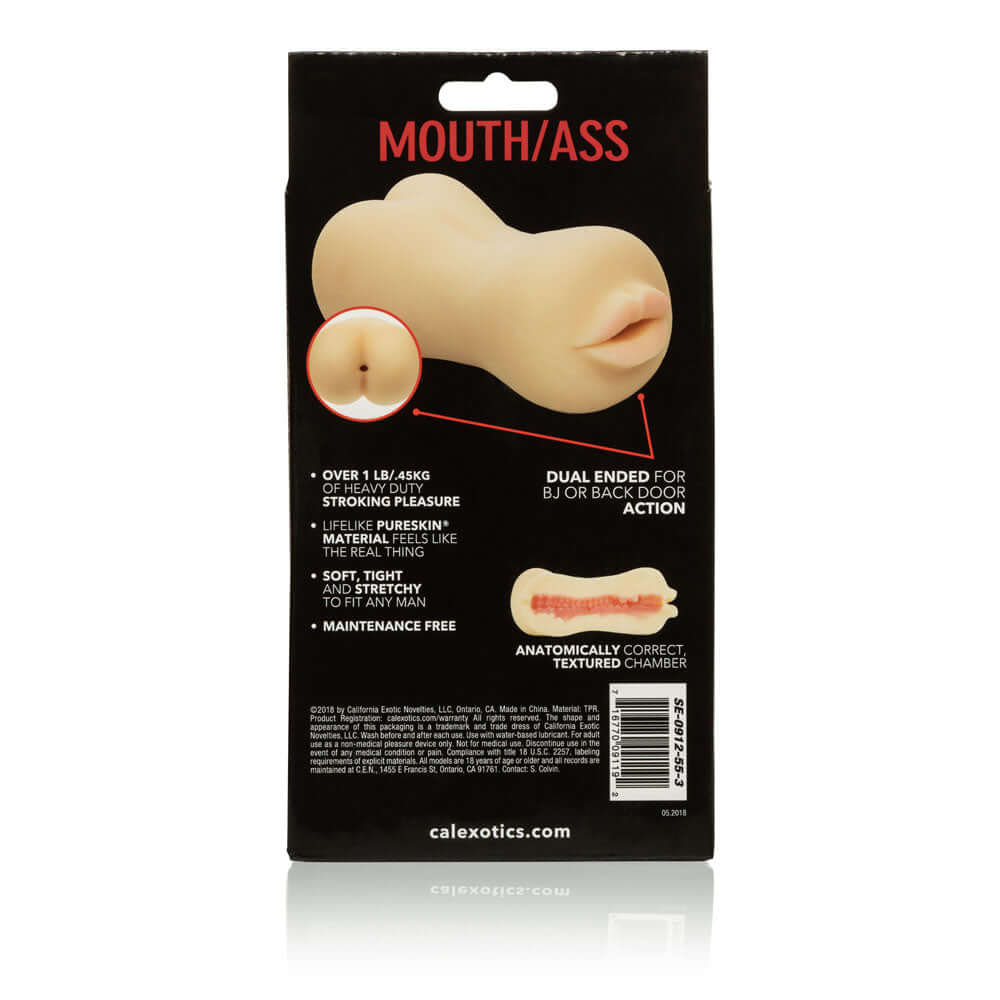 Stroke It Mouth & Ass Masturbator Light back packaging showcasing dual-ended design for realistic pleasure.