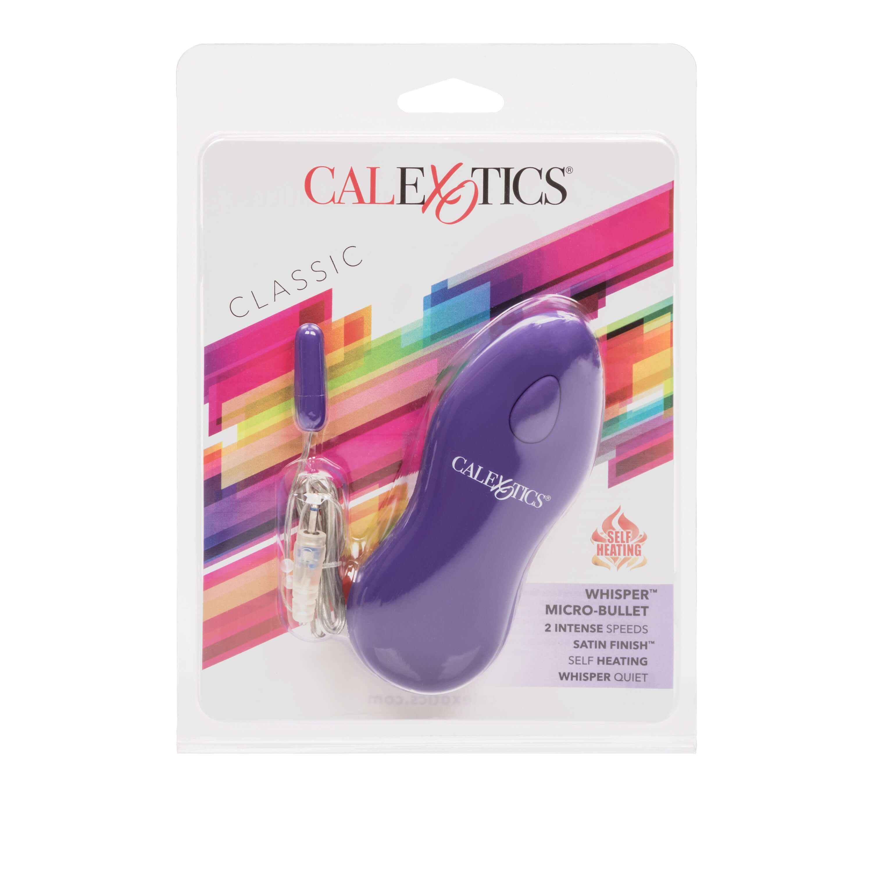Whisper Micro Bullet Vibrator Purple packaging with two intense speeds and self-heating feature for discreet pleasure.