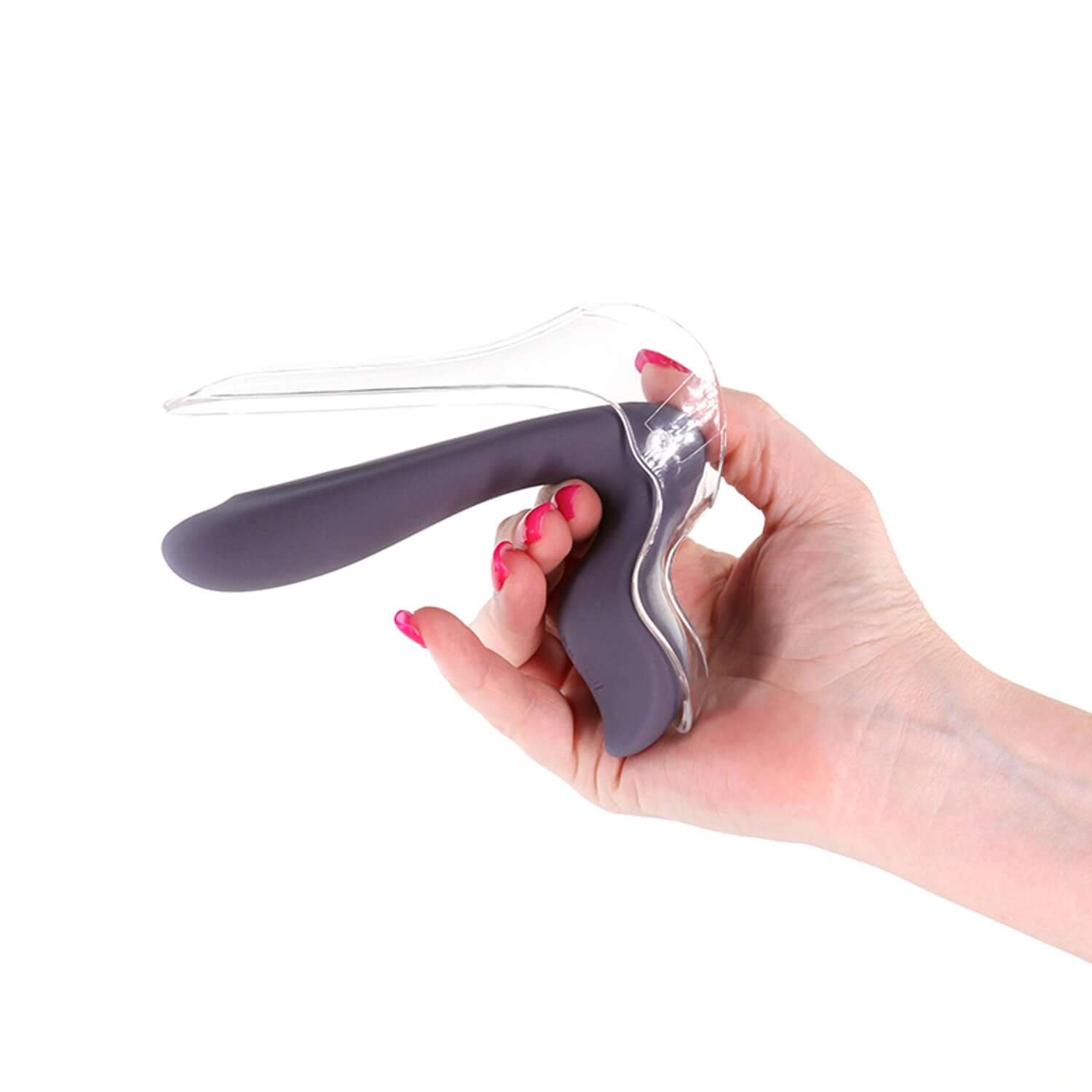Hand holding Inya Gyno Vibe in gray, an innovative vaginal dilator with bright LED light and premium silicone for body-safe exploration and fantasy.