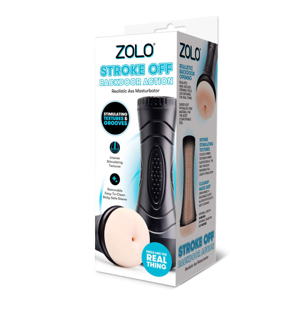 Zolo Stroke Off Backdoor Action Ass Masturbator packaging featuring realistic textured sleeve for enhanced pleasure.
