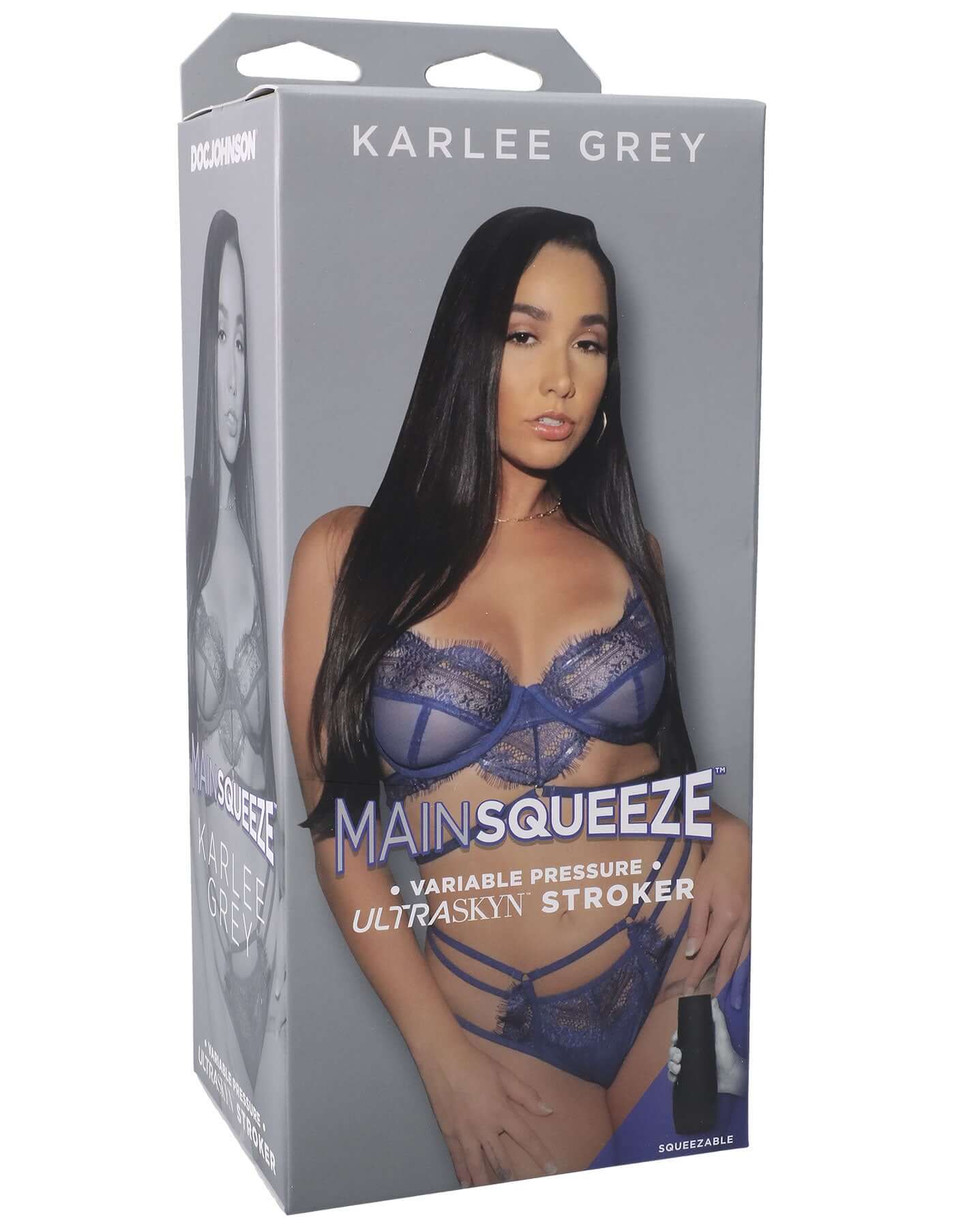 "Main Squeeze Karlee Grey Ultraskyn Stroker packaging showcasing variable pressure masturbator with squeezable grip and suction cap"