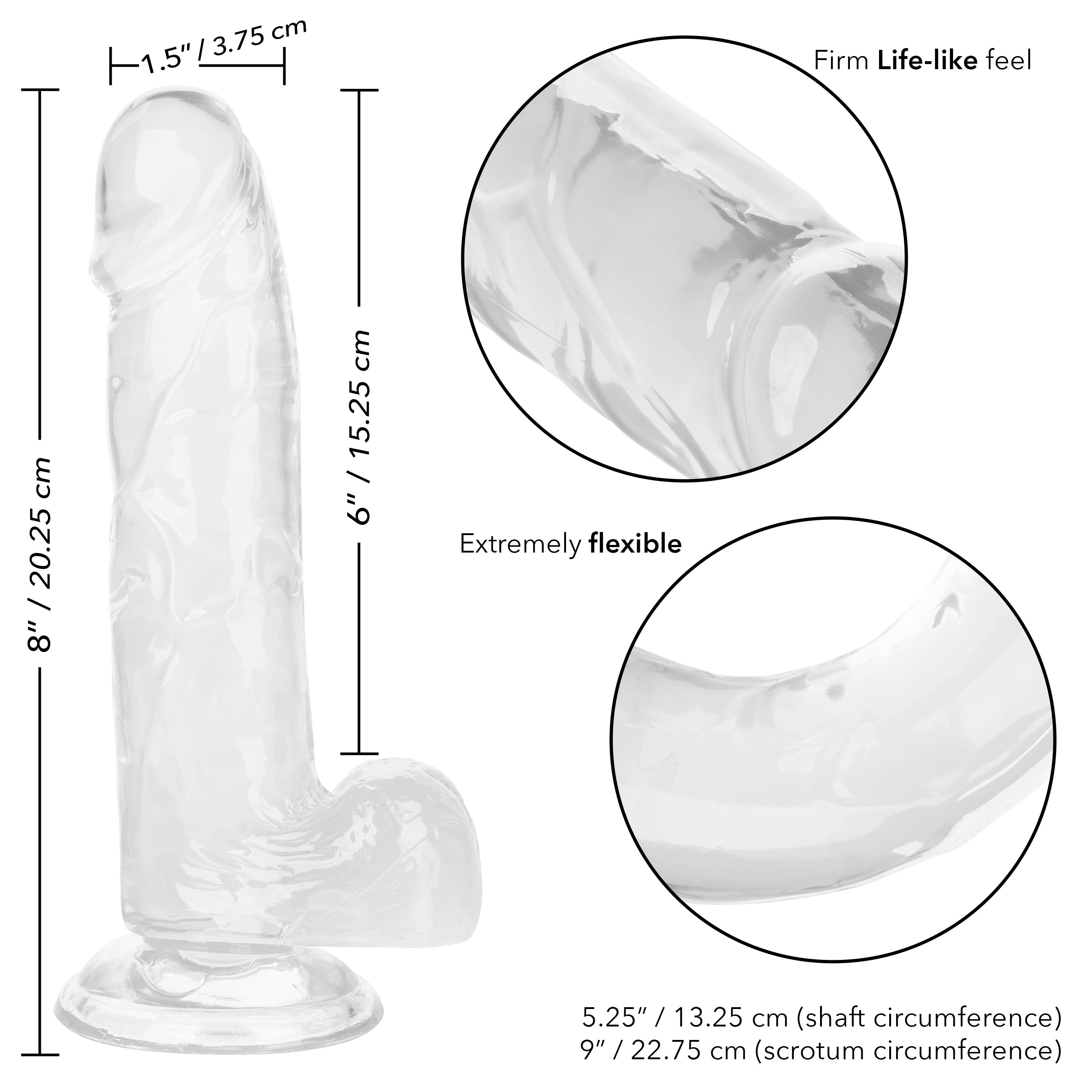 Size Queen 6 inch Realistic Dildo Clear showcasing  firm life-like feel and flexible design for enhanced pleasure.