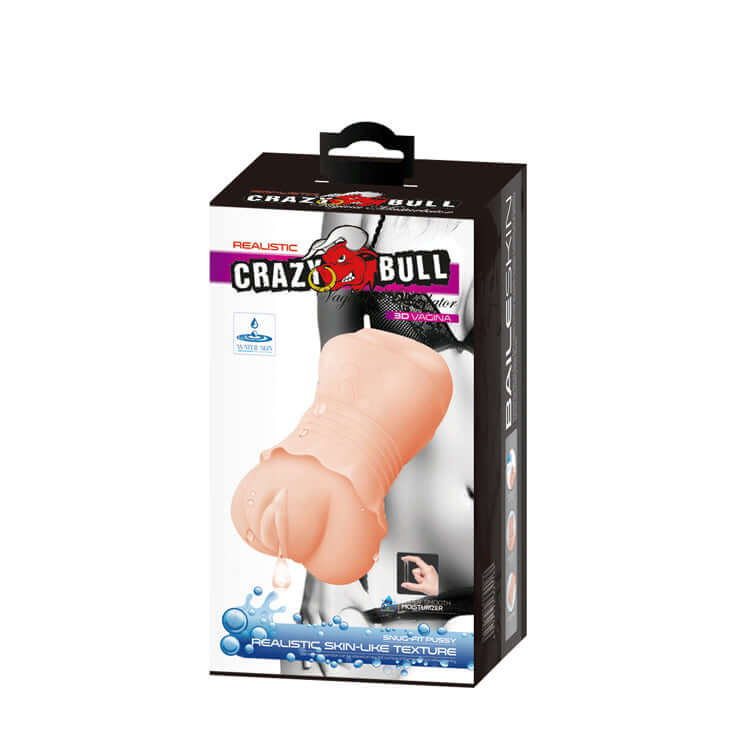 Crazy Bull No Lube Masturbator Sleeve Pussy in packaging showcasing realistic skin-like texture.