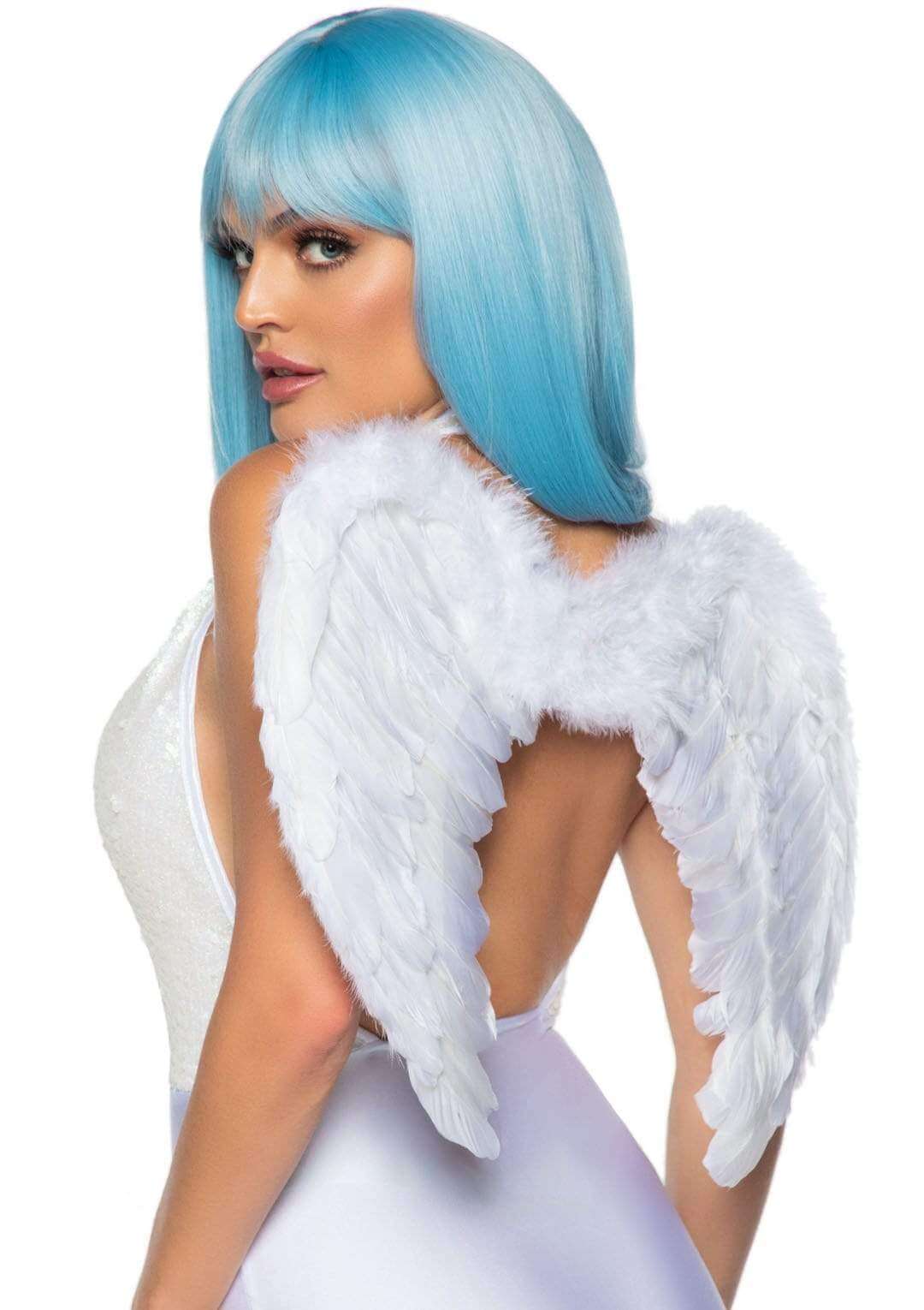 Leg Avenue Marabou Trimmed Feather Wings White worn as an angel costume accessory with soft white feathers and elegant design.