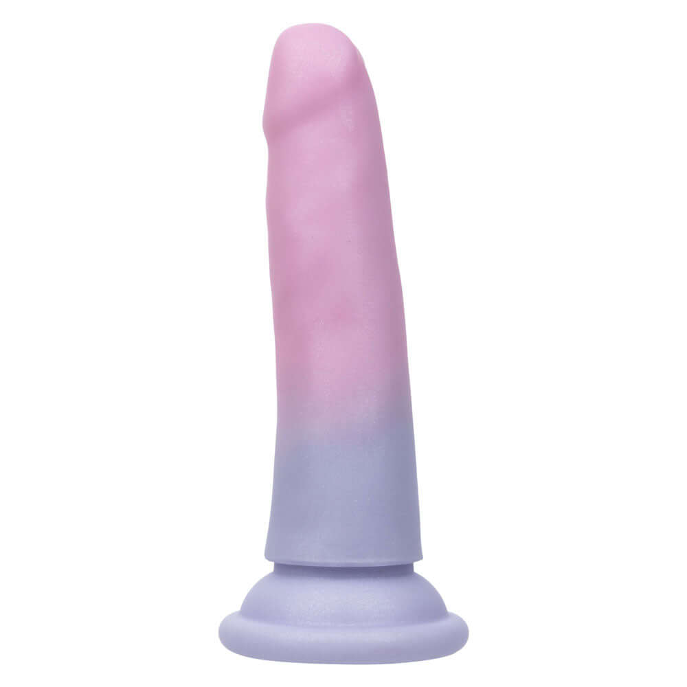 First Time Liquid Silicone Stud Dildo 5 inch, featuring pink and purple gradient design for pleasure and flexibility.