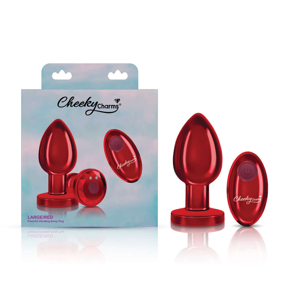 Cheeky Charms large red rechargeable vibrating metal butt plug with remote control packaging display.