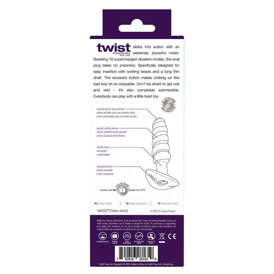 Vedo Twist Rechargeable Anal Vibe Deep Purple product packaging showcasing features and instructions for use.