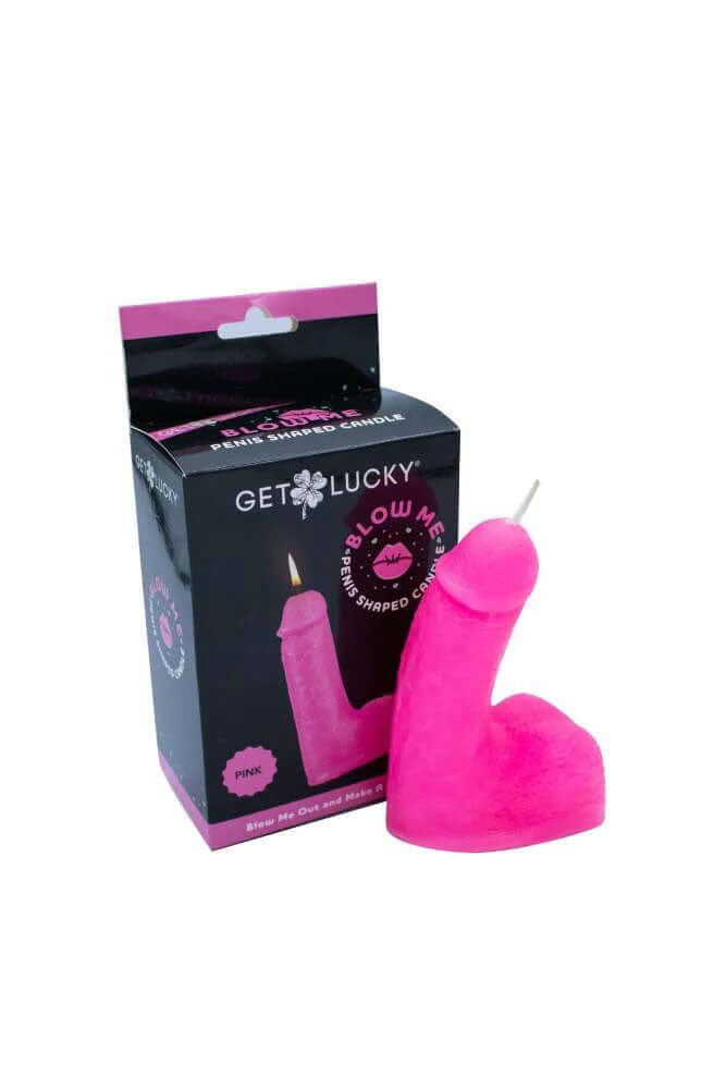 Blow Me Penis Candle Pink in packaging, a fun novelty candle perfect for parties and adult humor celebrations.