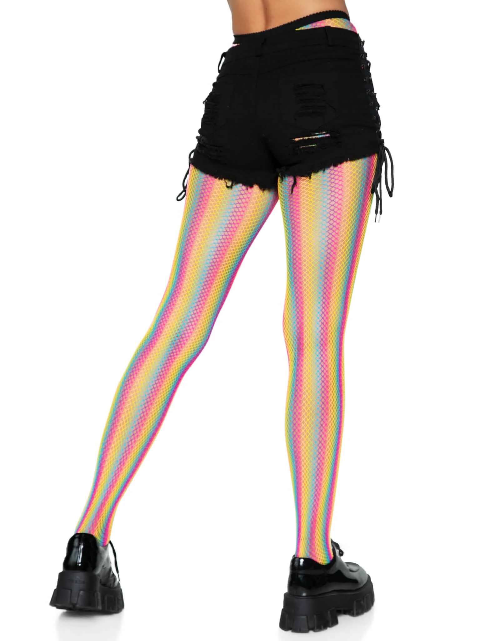 Neon rainbow striped fishnet tights in multicolor, shown with black shorts and boots. Perfect for Halloween costumes, raves, and lingerie.