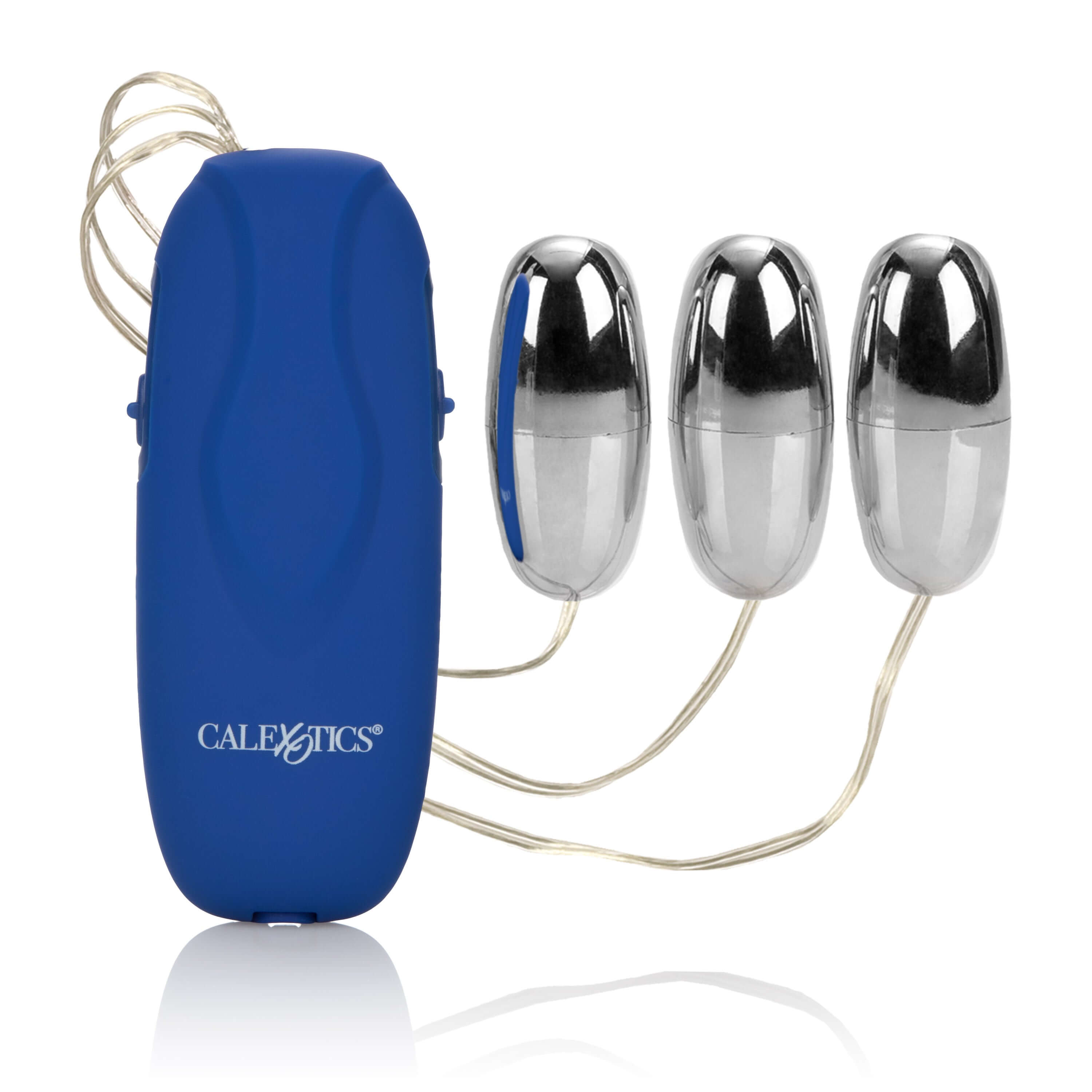 Interactive Trio Bullets Vibrator Silver with three chrome bullet stimulators and a blue controller.