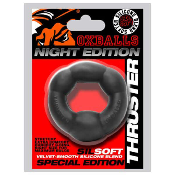 Oxballs Thruster Bulge Lifter Cockring in black, made from Silsoft silicone blend for extra comfort and enhanced performance.