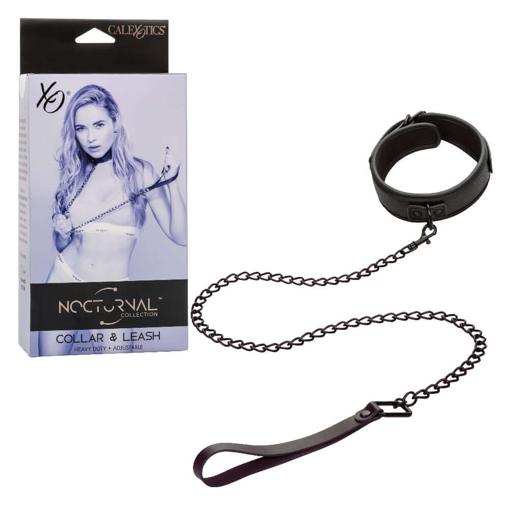 Nocturnal Collection Collar and Leash - Black, adjustable collar with detachable leash in packaging.
