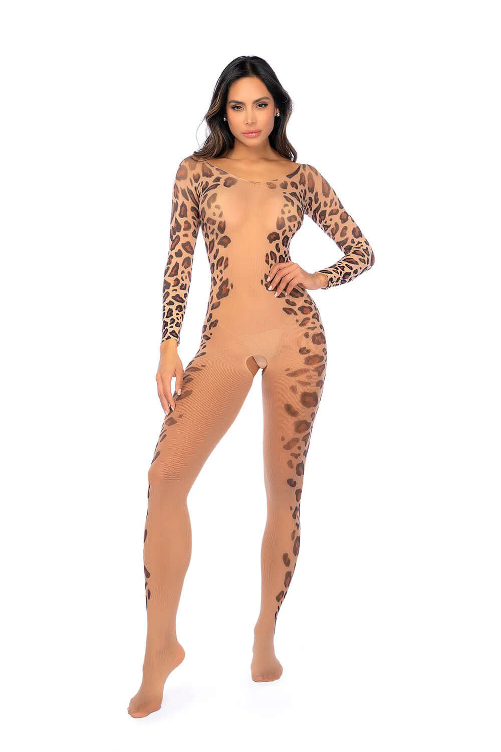 Long Print Sleeve Leopard Mesh Bodystocking - Os - Leopard Print-0