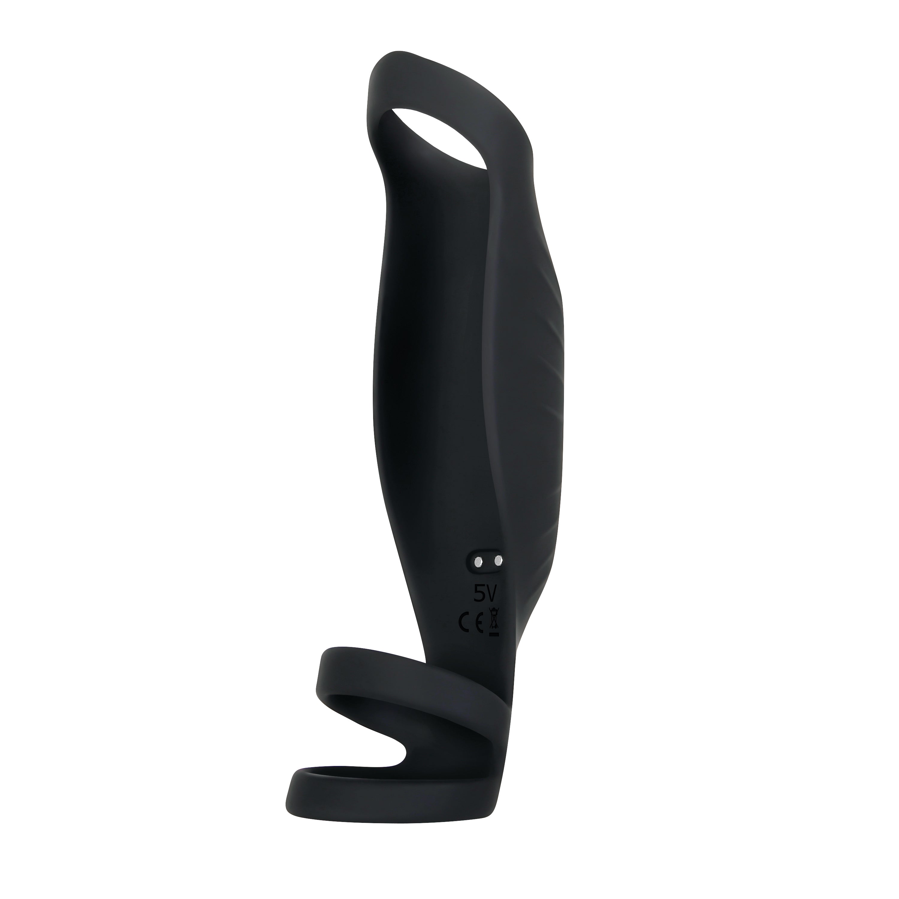 Gender X Rocketeer Rechargeable Penis Sleeve Black side view showing its sleek design and triple-ring feature.