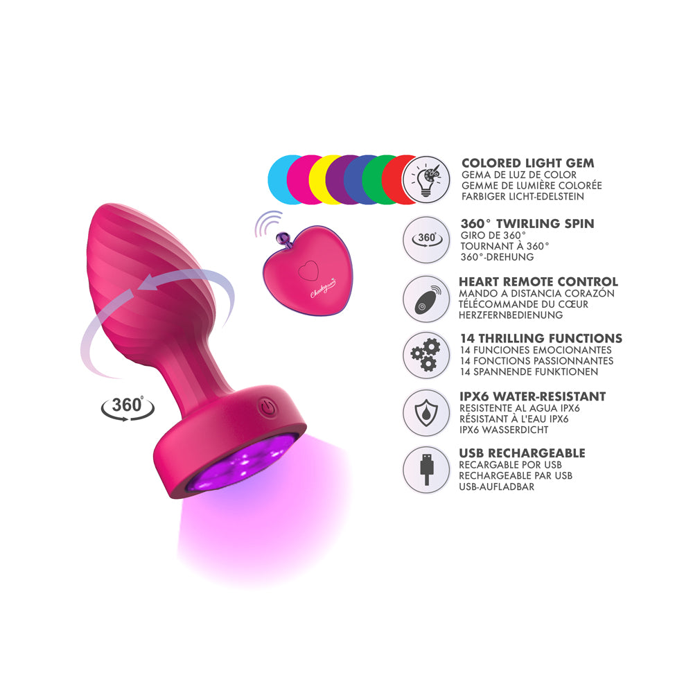 Twila Twirling Purple Gem Light Up Vibrating Plug With Heart Remote features rotating action and customizable settings.