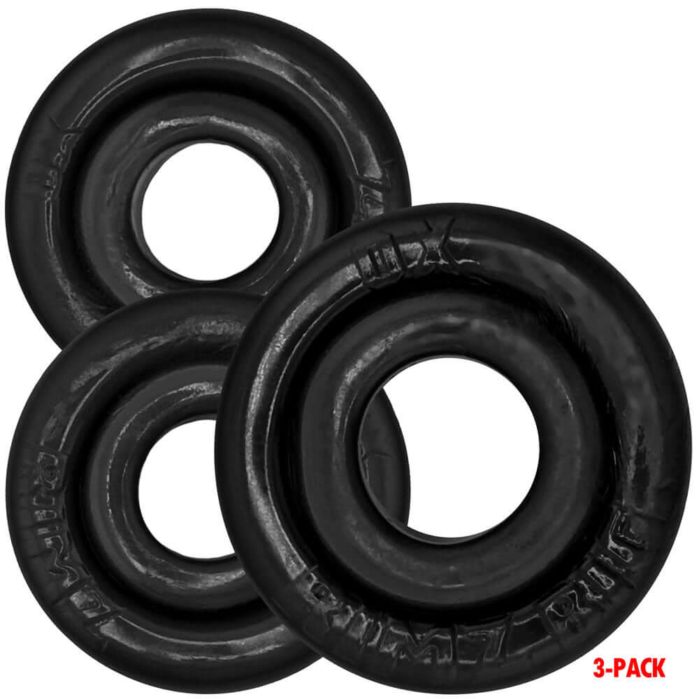 Oxballs Rimrings Multi Size Cockrings 3 Pack Black displayed in three circular rings.