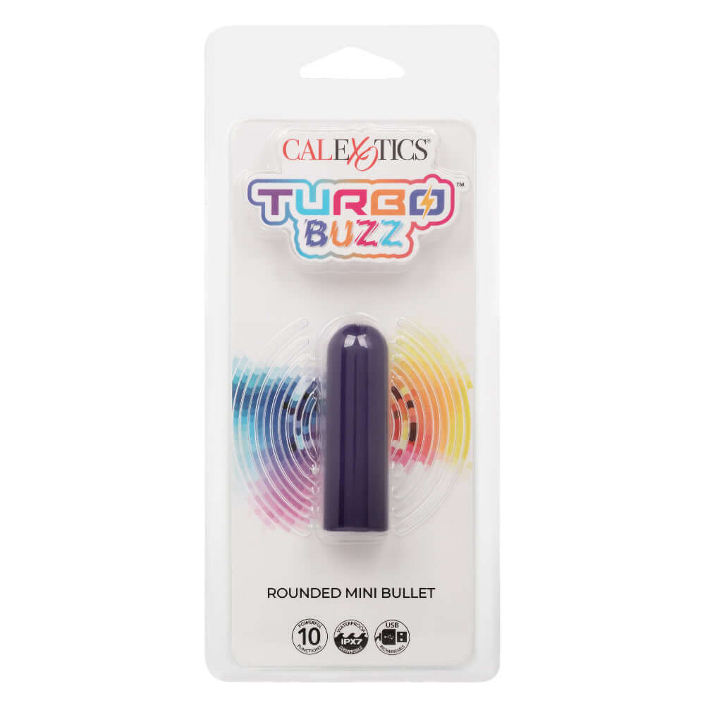 Turbo Buzz Rounded Mini Bullet - Purple in packaging with 10 functions for powerful stimulation, body-safe, waterproof with IPX7 rating
