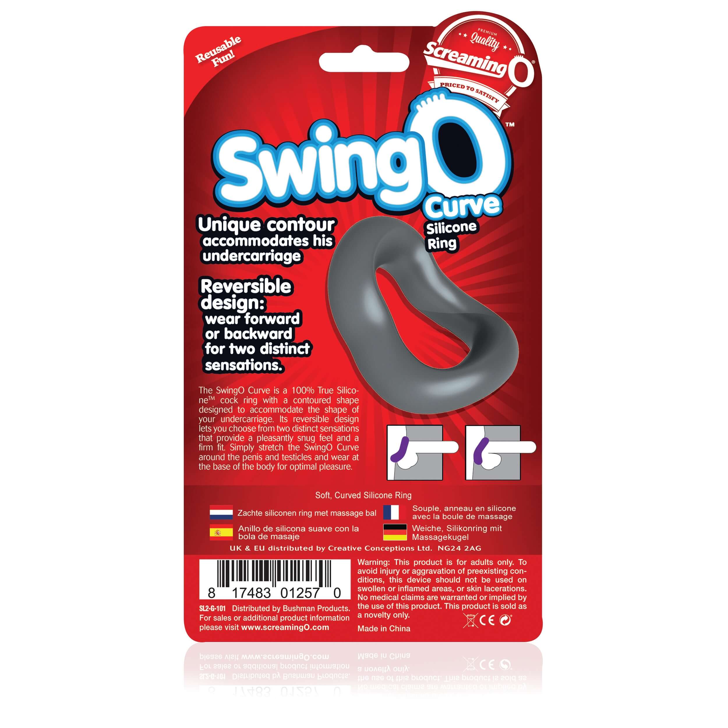 Packaging for Swingo Curve Silicone Ring Grey showcasing its unique contour and reversible design for customizable comfort.