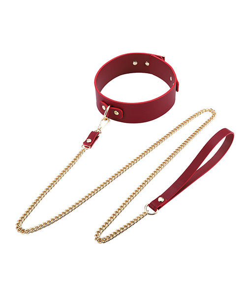 Kinky Play Box Federico Luxurious Leather Restraint Kit Red with red collar and gold chain leash.
