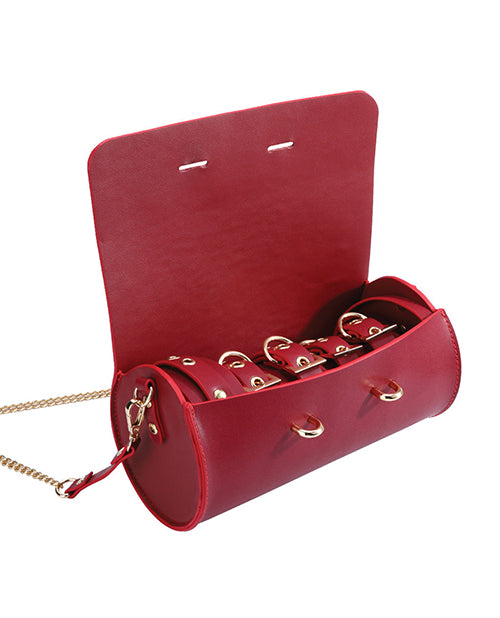 Kinky Play Box Federico Luxurious Leather Restraint Kit Red, showing the elegant red bag open with restraint accessories.