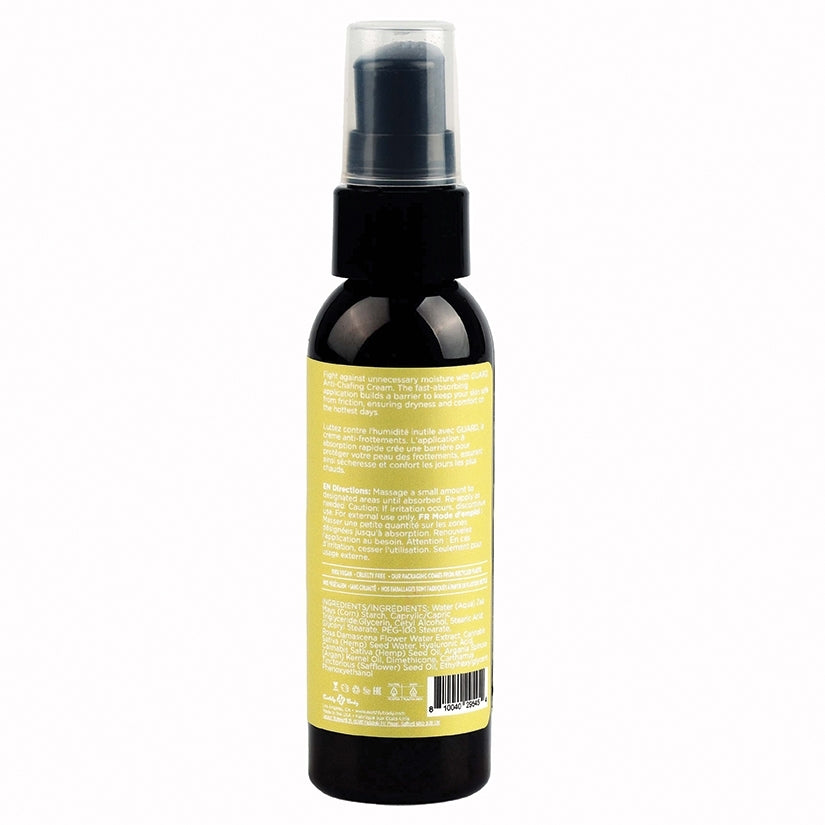 Earthly Body Guard Sweat Defense Anti-Chafing Cream 2 Oz bottle with yellow label for moisture protection.