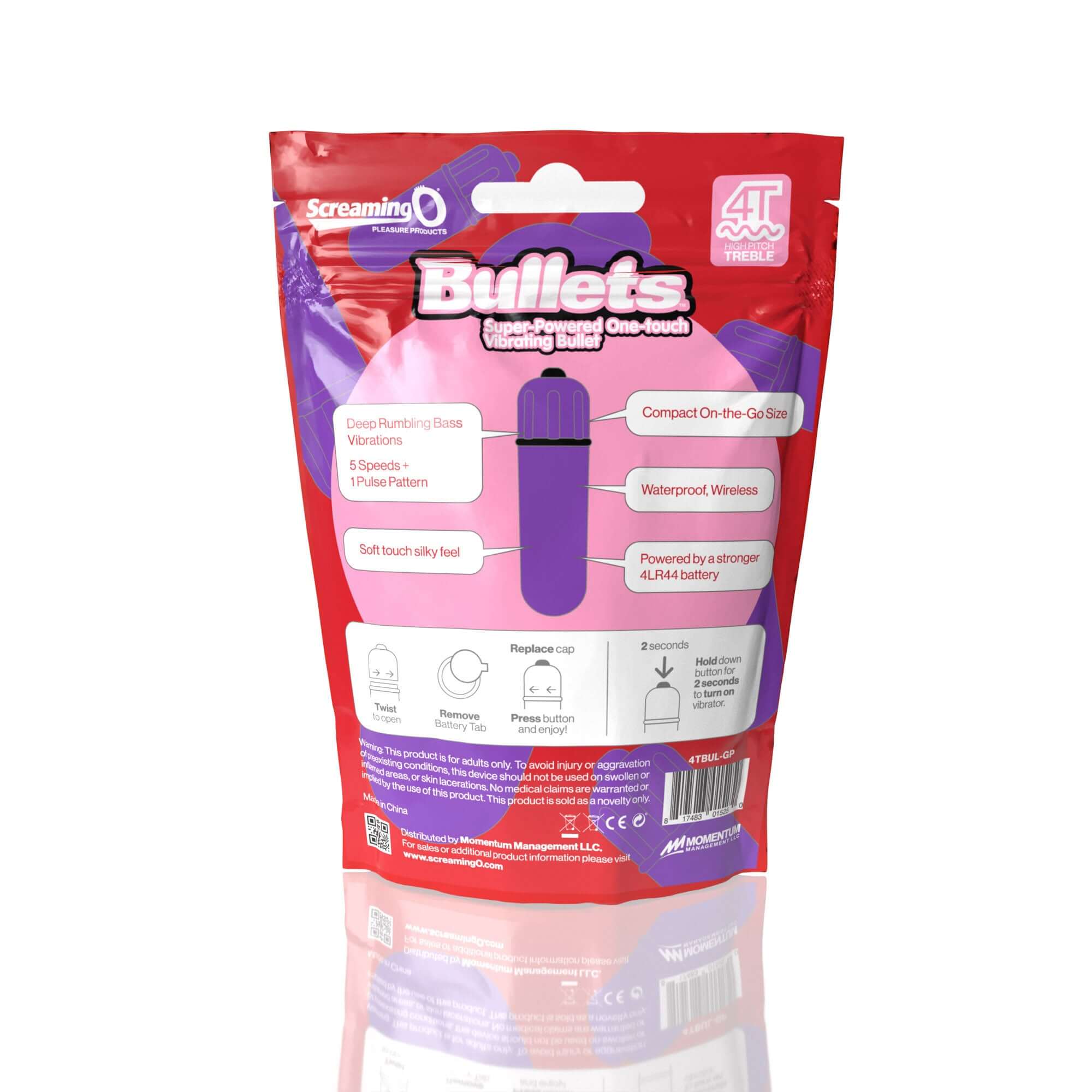 Screaming O 4T Super Powered One Touch Vibrating Bullet Grape packaging, highlighting features and design.