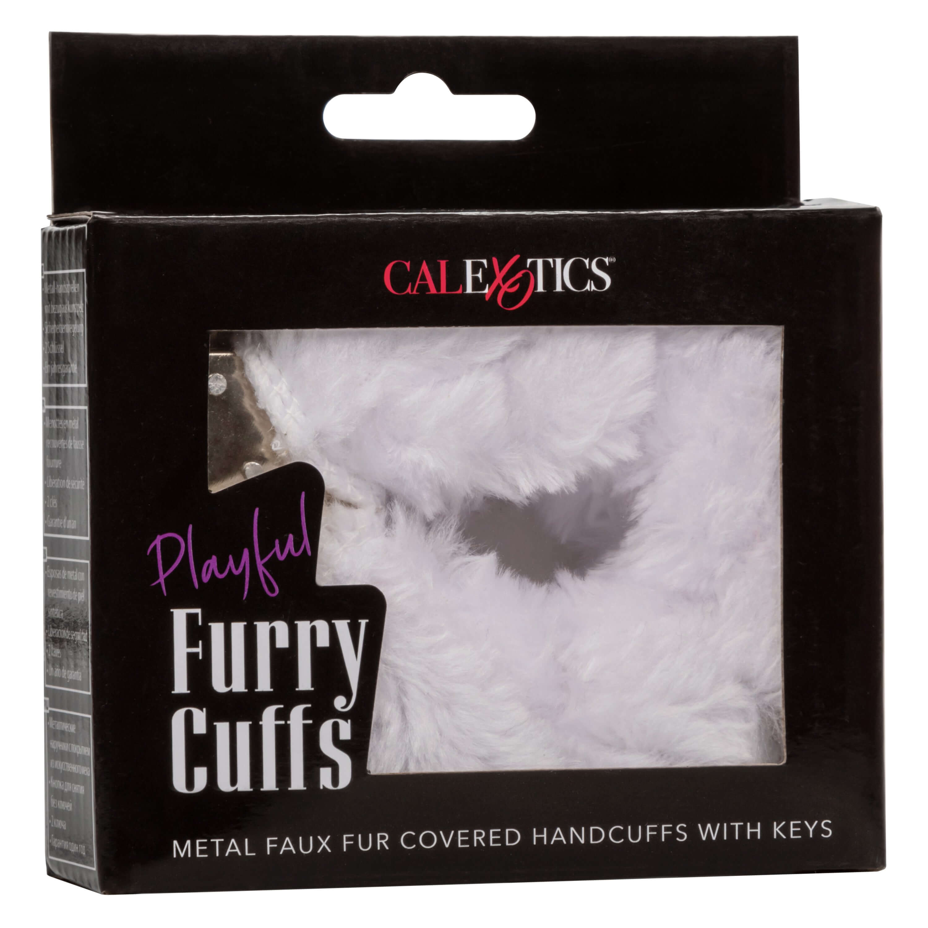 Playful Furry Cuffs White packaging featuring metal faux fur covered handcuffs with keys for light bondage.