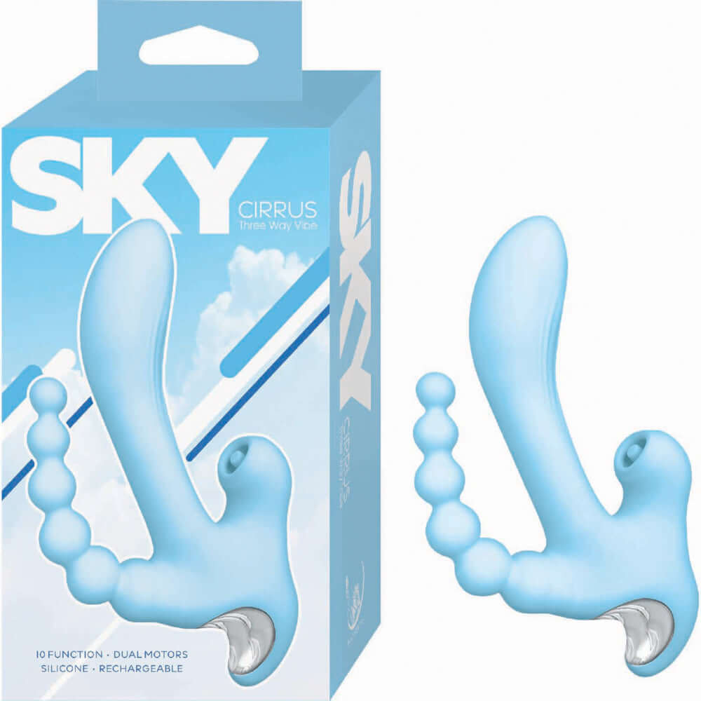 Sky Cirrus Three Way Vibe Massager Blue in packaging, featuring dual motors and 10 vibration functions for versatile stimulation.