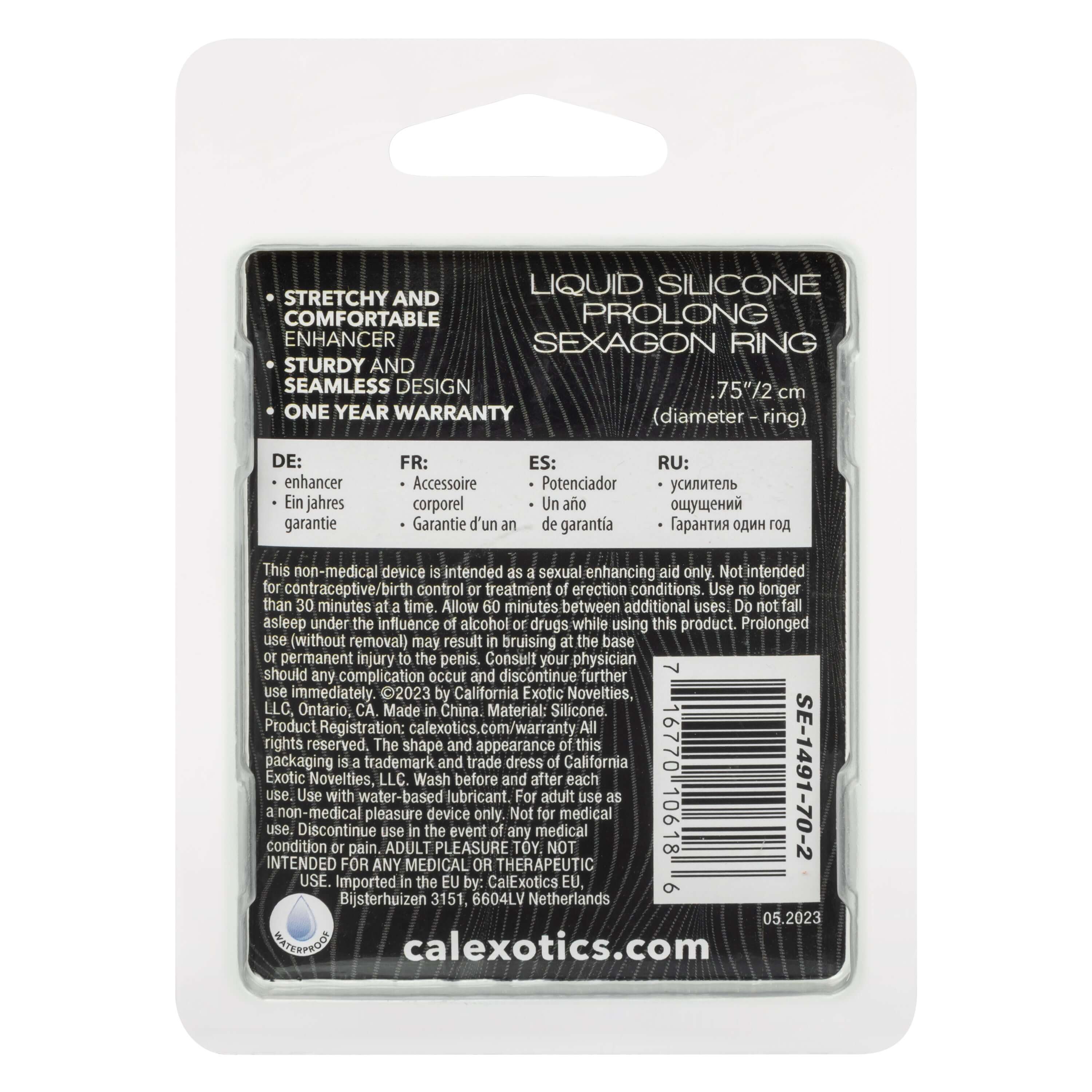 Alpha Liquid Silicone Prolong Sexagon Ring Orange packaging featuring details and warranty information.