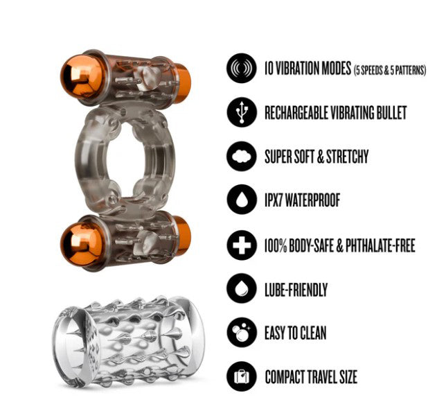 Stay Hard Vibrating Cock Ring Set With Dual Bullets Sheath featuring 10 vibration modes and waterproof design.
