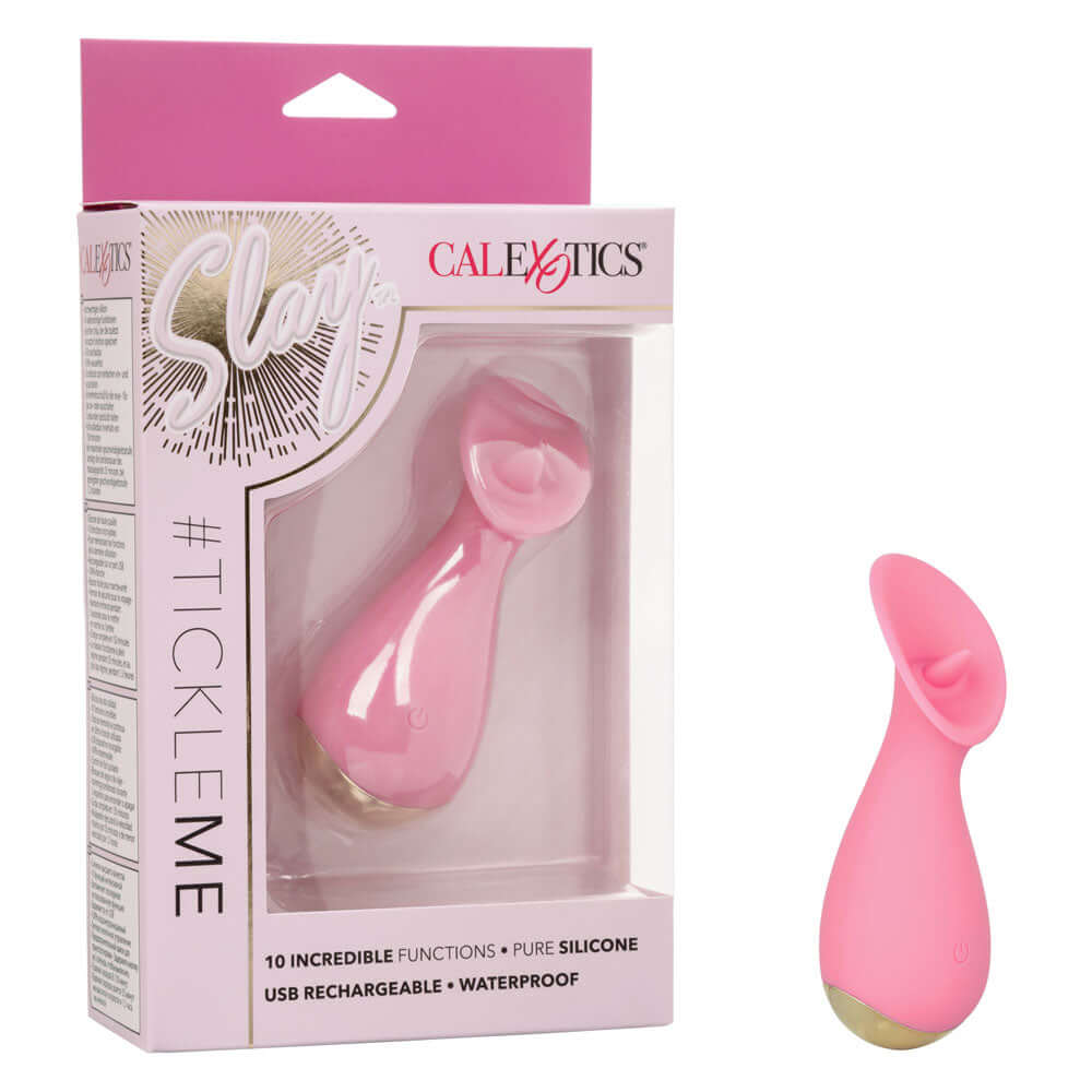 Slay Tickle Me Clitoral Massager in pink packaging, featuring rechargeable and waterproof design for intimate pleasure.