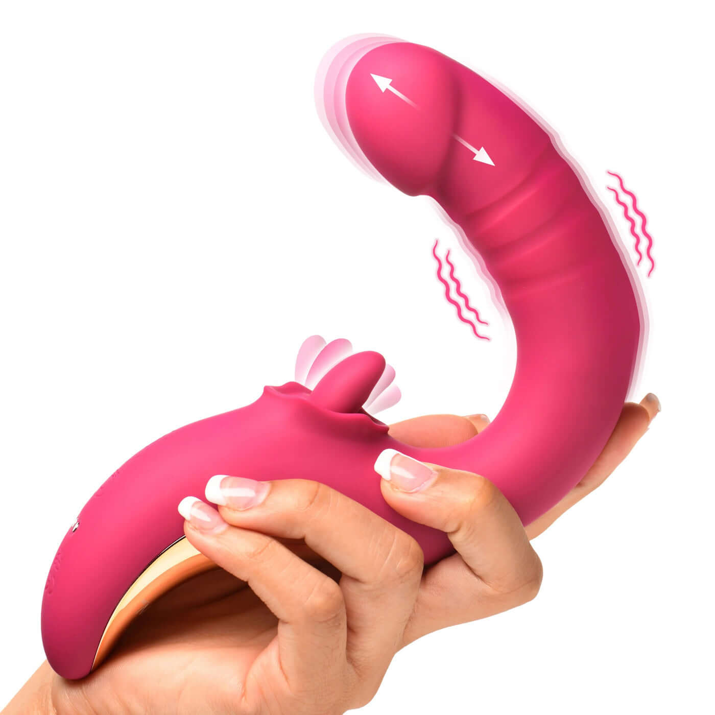 Fuchsia Tease and Please Vibrator with curved shaft, thrusting and licking functions for G-spot and clitoral stimulation.