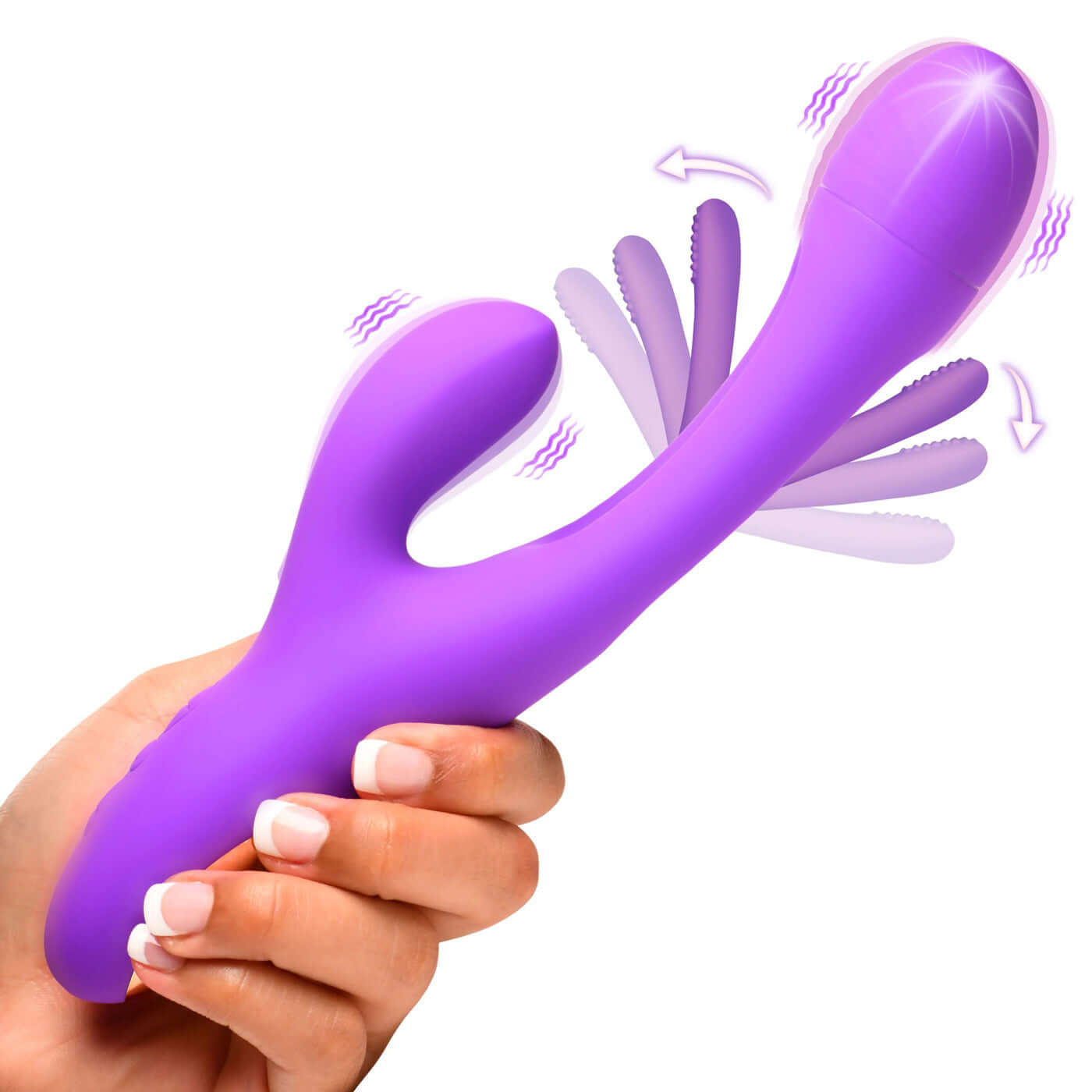 Purple silicone Tri-Flick rabbit vibrator with curved shaft and flexible arm, held in hand, designed for hitting all the best spots.