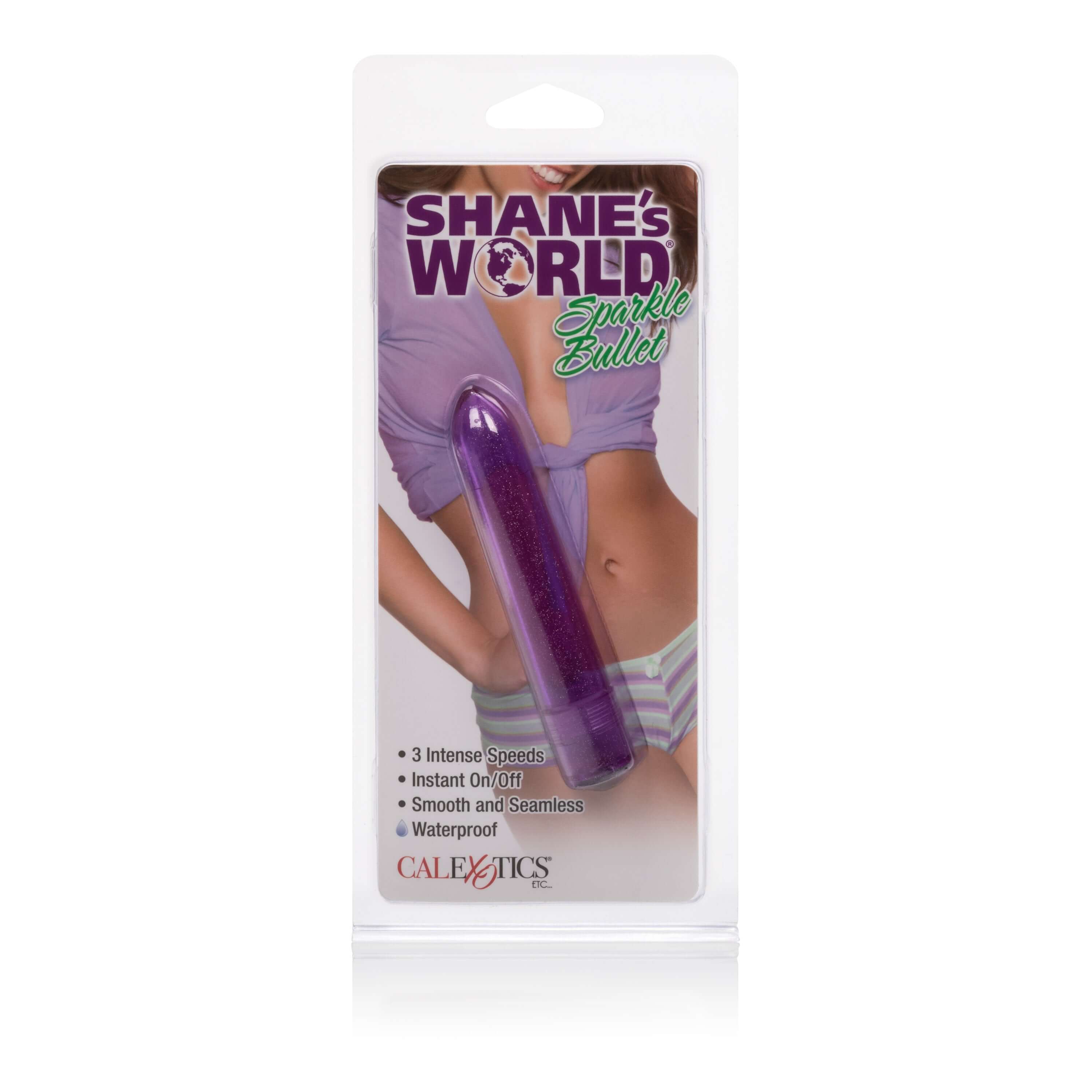 Shanes World Sparkle Bullet Vibrator Purple packaging featuring compact and discreet design for powerful stimulation.