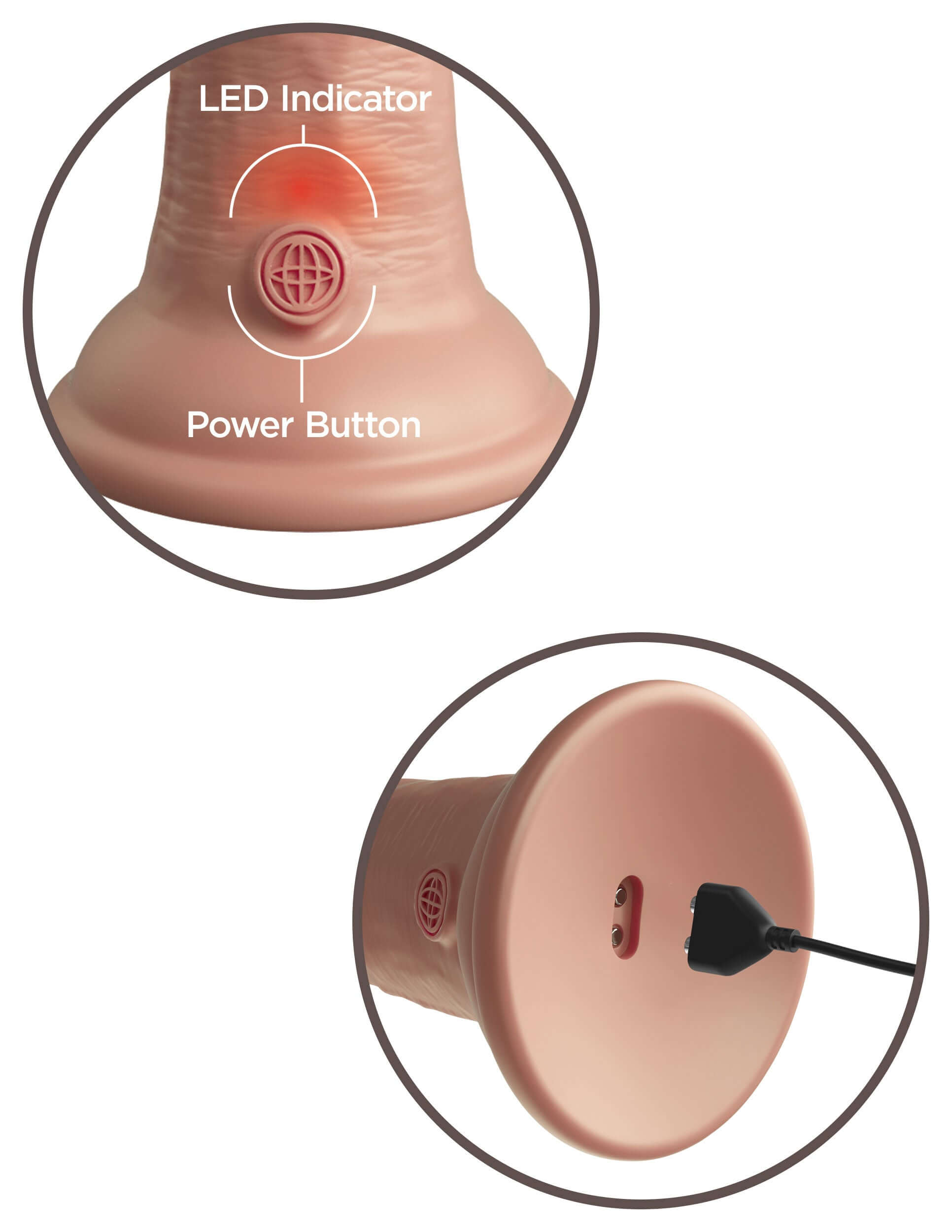 King Cock Elite 6 Inch Vibrating Silicone Dual Density Cock Light power button and LED indicator detail