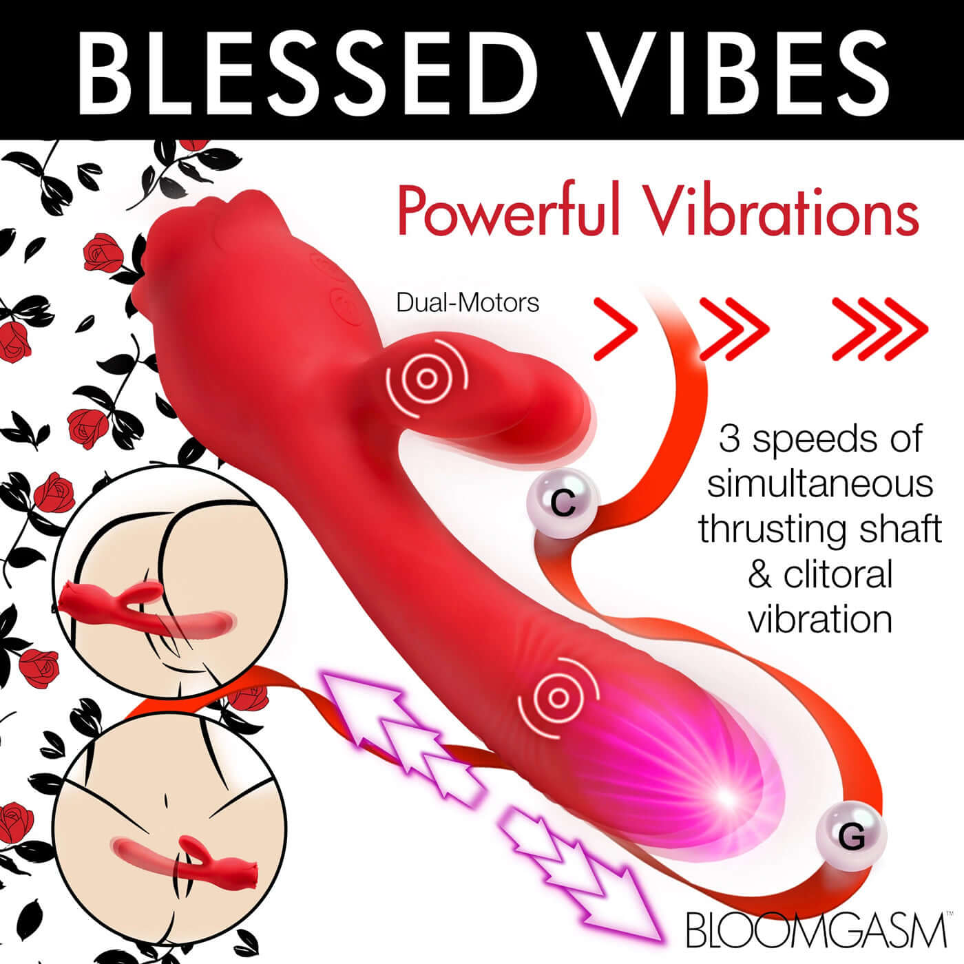 Red Blooming Bunny suction and thrusting vibrator with dual motors, powerful vibrations, and 3 speeds for clitoral and shaft stimulation