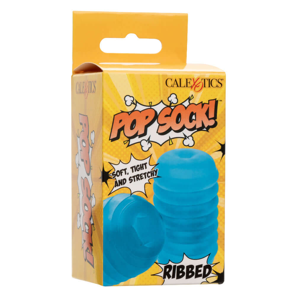 Pop Sock Ribbed Masturbation Sleeve in Blue packaging by CalExotics, soft, tight, and stretchy reversible stroker for textured pleasure