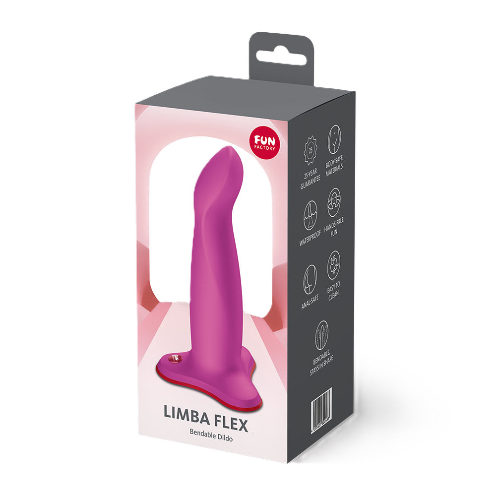 Fun Factory Limba Flex M Bendable Dildo Magenta packaging with a pink dildo illustration.