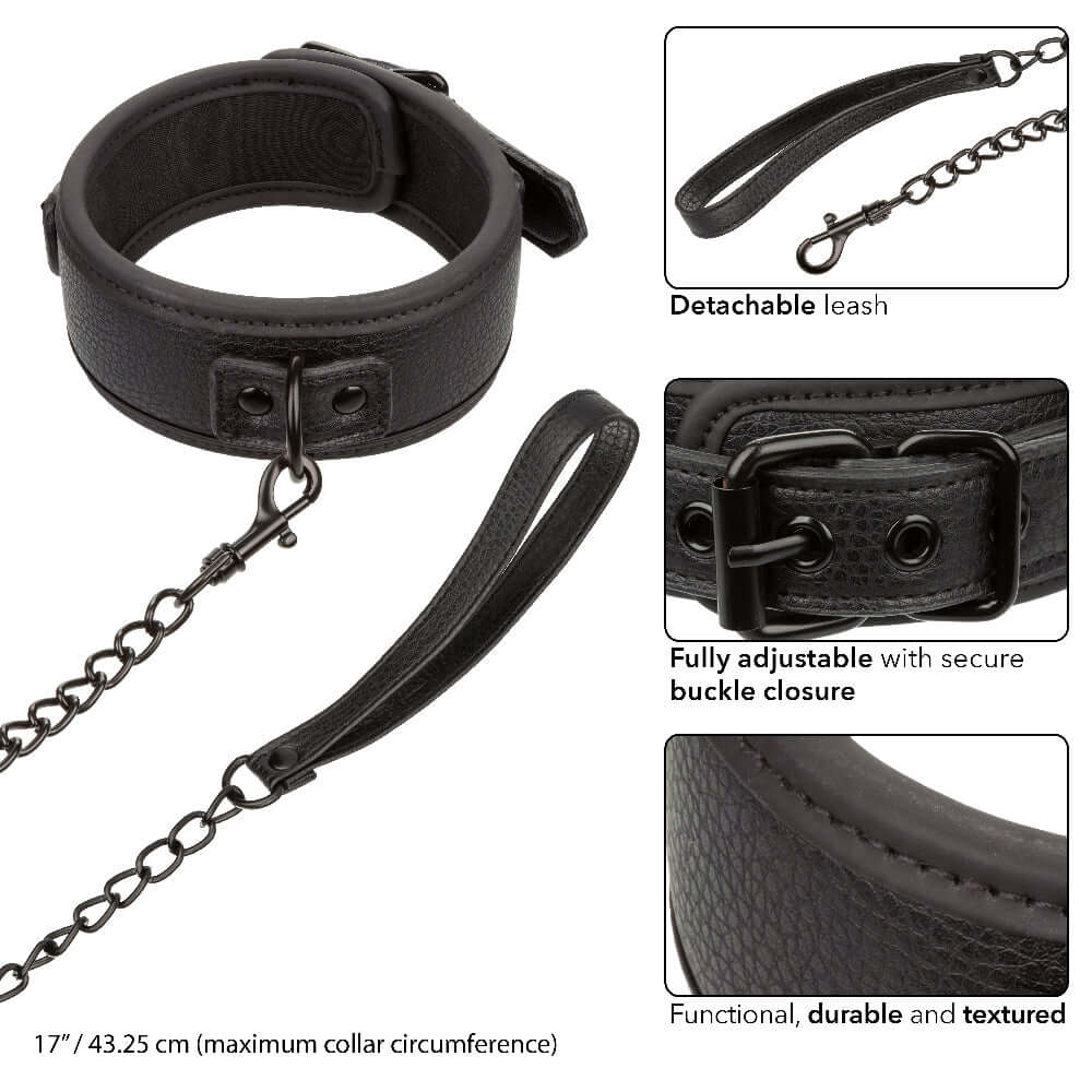 Nocturnal Collection Black Collar and Leash, detachable leash, fully adjustable buckle closure, durable textured design, 17 inches max circumference