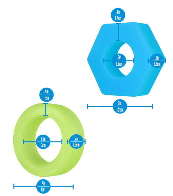 Performance Plus Flash Silicone Glow in the Dark Cock Ring Set showing dimensions of two cock rings, one green and one blue.