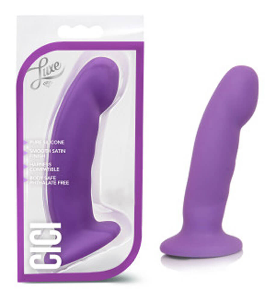 Luxe Cici Silicone Dildo 6.5 inch Purple displayed in packaging, showcasing its smooth, luxurious design.