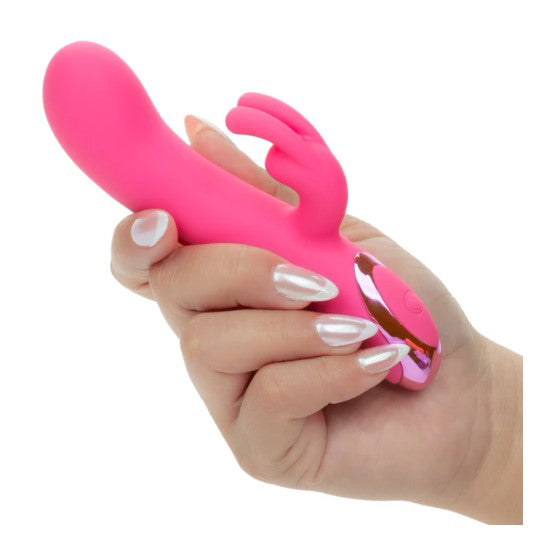 Kroma Turbo G Bunny Vibrator Pink held in hand, showcasing its sleek design and dual stimulation features.