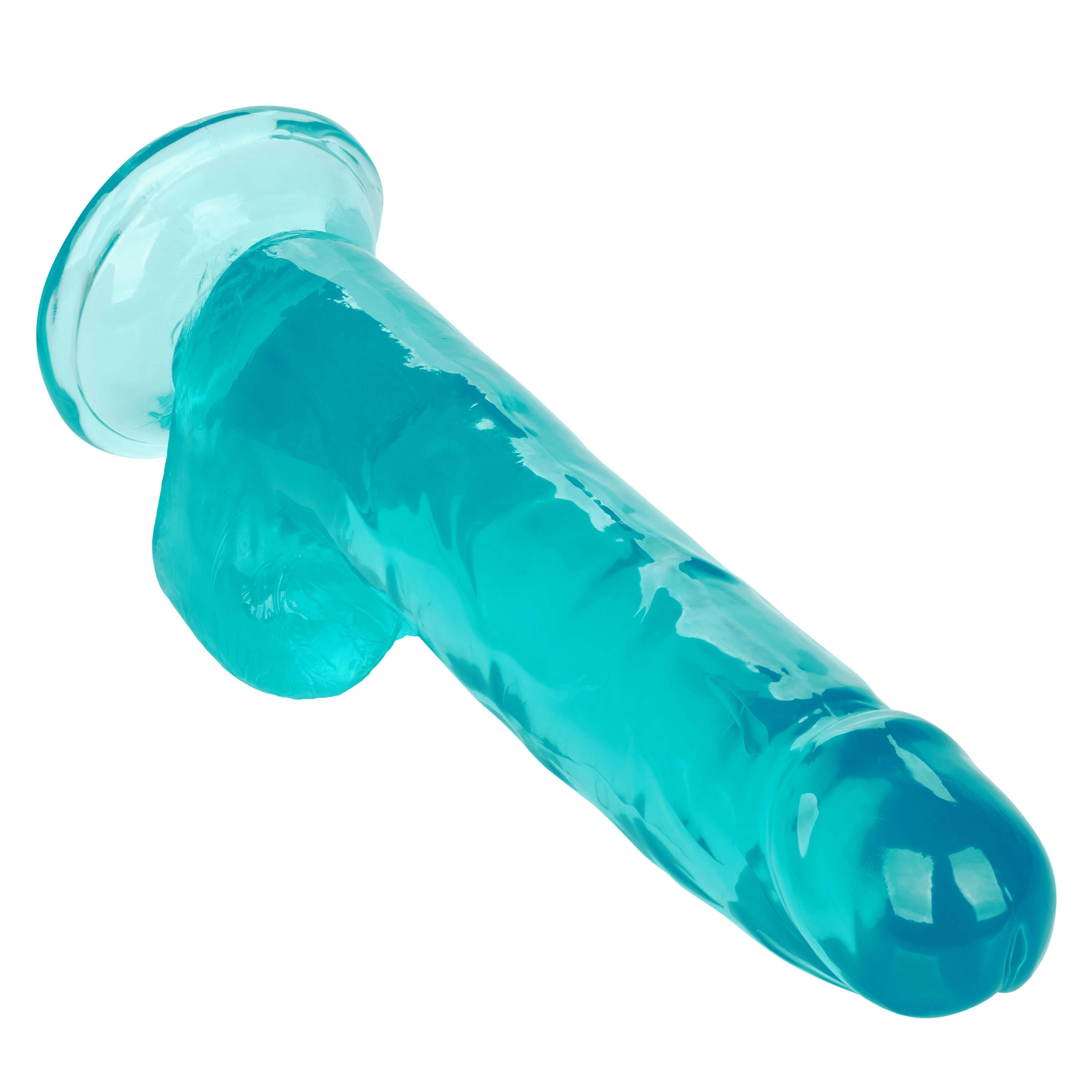 Size Queen Dildo 8 Inches Blue in a translucent aqua color with a realistic design and strong suction base.