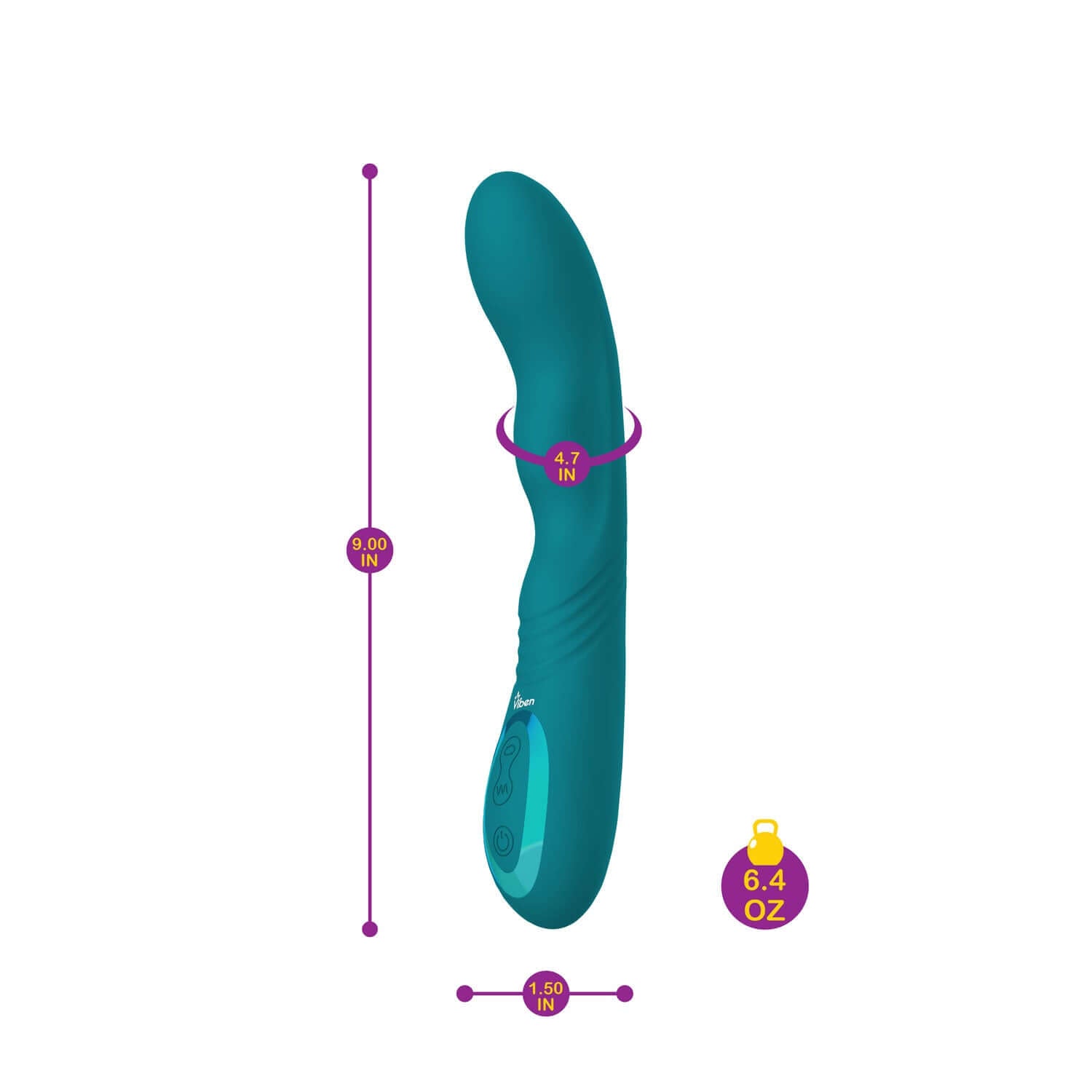 Swagger Ocean Wriggling G-Spot Vibe with dimensions and weight displayed, showcasing its ergonomic design and teal color.