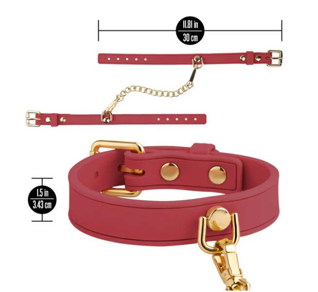 Temptasia Ardor Wrist and Ankle Restraints Red with measurements and design details, showcasing quality and style.