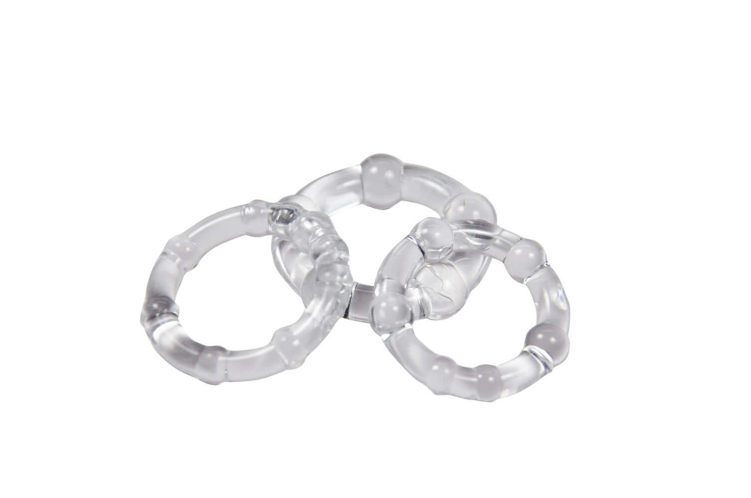 Cockring Combo Beaded 3 Pack Clear with three stretchy clear rings for enhanced sensation.